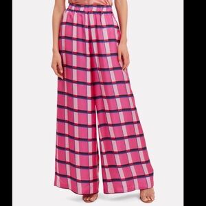 Paper London Size 6 Pink Silk Miami Check Wide Leg Pants Trousers Chic Pockets
